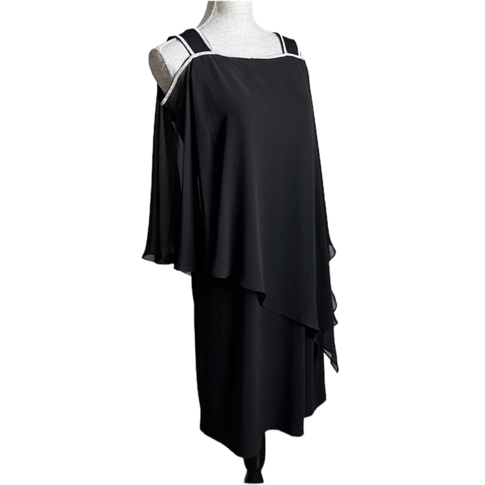 Glamour Nights Black Rhinestone Asymmetrical Chiffon Cold Shoulder Dress 6